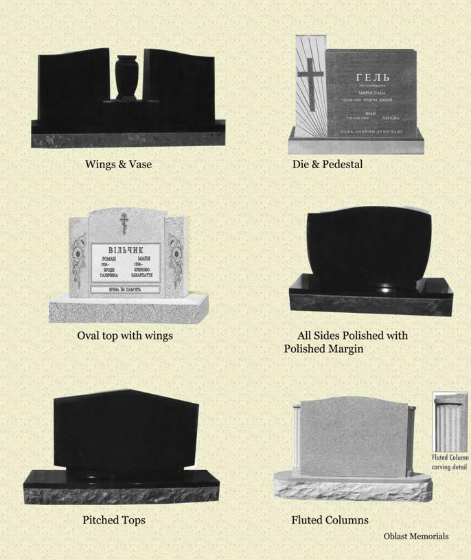 Oblast Memorials shape sheet showing six monument forms: wings and vase, die and pedestal, oval top with wings, all sides polished with polished margin, pitched tops, and fluted columns